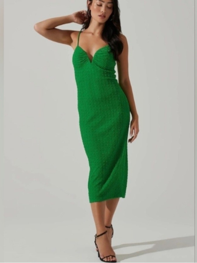 Nwt Astr Green Textured Spaghetti-Strap Midi Dress With Back Slit | Xl